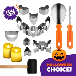 15 Pieces Halloween Pumpkin Carving Kit + Hammer, Professional Stainless Steel Carving Punchers Tools Set, Pumpkin Cutting Sculpting Tool for Halloween Decoration Jack-O-Lanterns