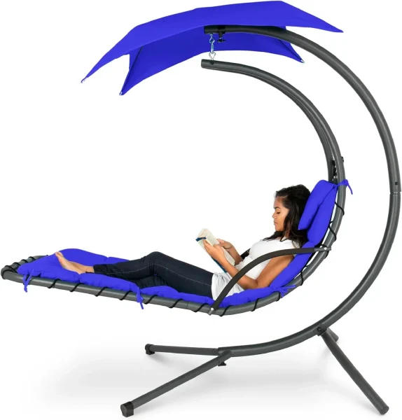 Best Choice Products Outdoor Hanging Steel Chaise Lounge Chair With Canopy, Charcoal Gray - SKY5871