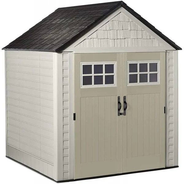7x7 Ft Resin Outdoor Garden Storage Shed With Windows And Utility Hooks, Sand